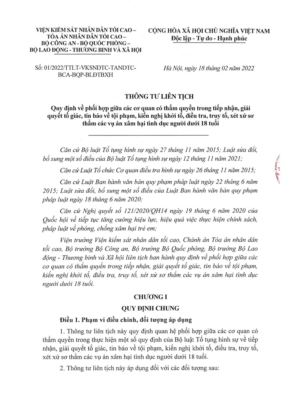 Thông Tư Liên Tịch 01/2022/Ttlt-Vksndtc-Tandtc-Bca-Bqp-Blđtbxh Quy Định  Phối Hợp Giải Quyết Tố Giác Vụ Án Xâm Hại Tình Dục Người Dưới 18 Tuổi »  Huỳnh Nam Law Firm